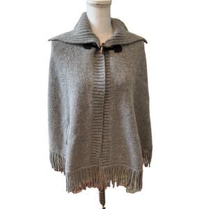 Sutton Studio Gray Wool Fringed Poncho Cape